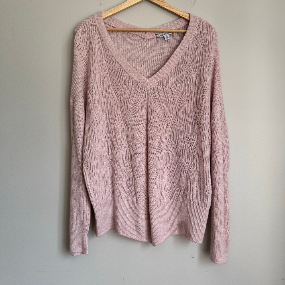 Ophelia Roe Sweater Size 1X Pink Braided Cable Knit V-Neck Chunky Long